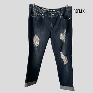 Reflex Women Blue Jean Denim Pant Mid Straight Leg Ripped Distress Plus SZ 2XL